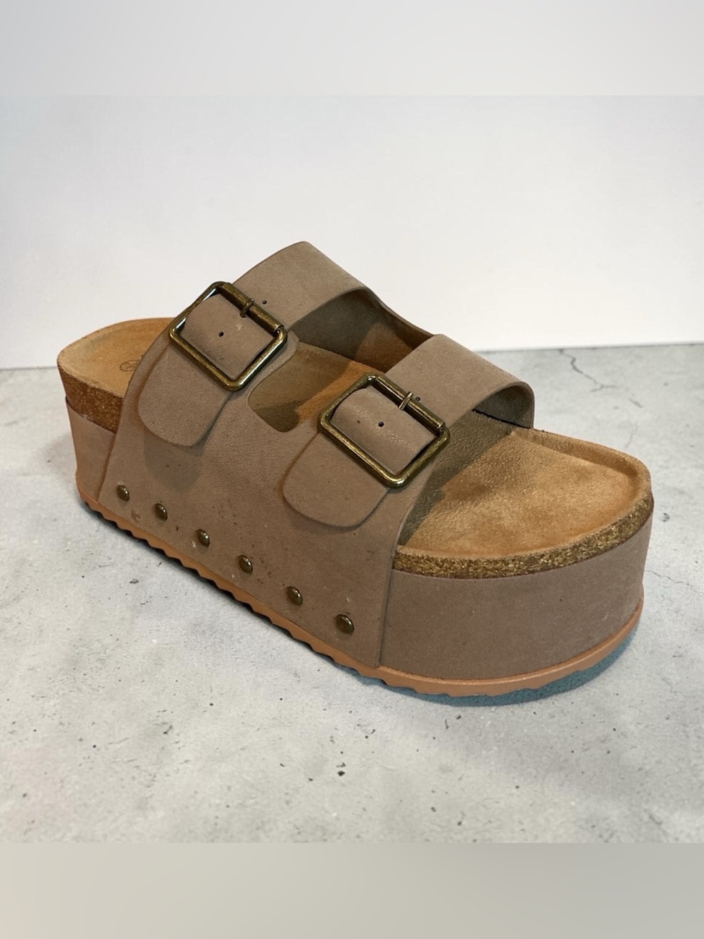 BAMBOO Blowout TAN Platform Double Buckle Slide Sandals